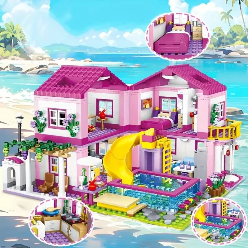 Friends City House Summer Holiday Villa Castle Building Blocks Sets Figures Swimming Pool DIY Toys for Kids Girls Christmas Gift
