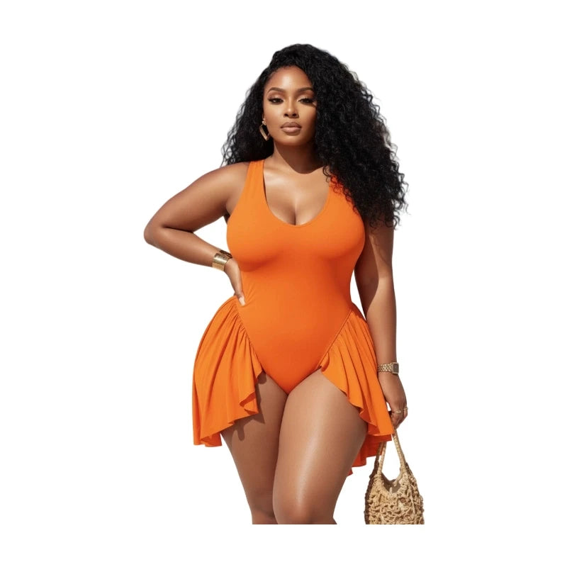 Women Plus Size V Neck Ruffle Skirt One Piece Swimsuit Elegant Ruched Beach Swimwear For Summer Vacation Pool Party
