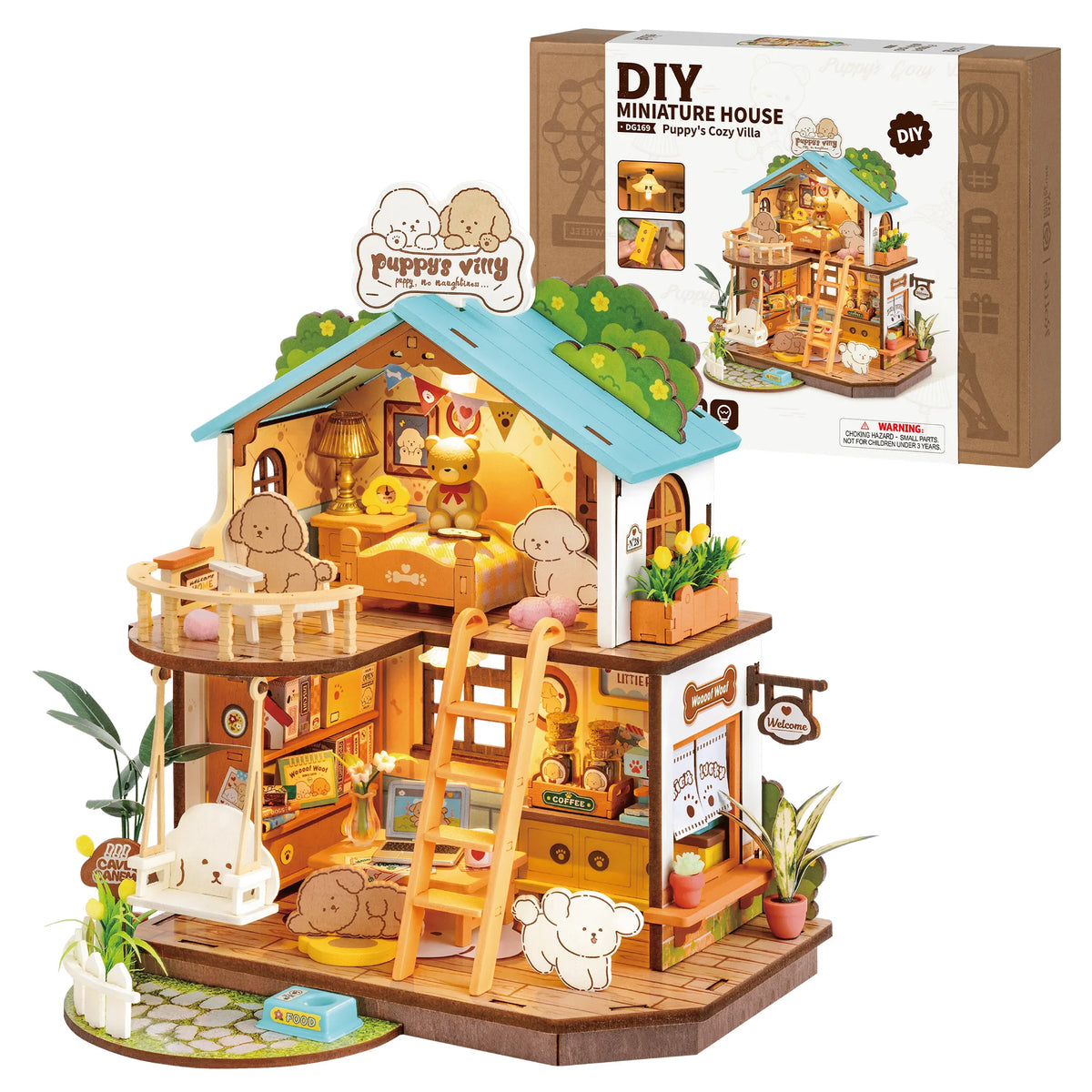 Rolife DIY Miniature House Kit Puppy's Cozy Villa Mini 3D Wooden Puzzle Dollhouse Model Building Kit Gift for Teens Kids Friends