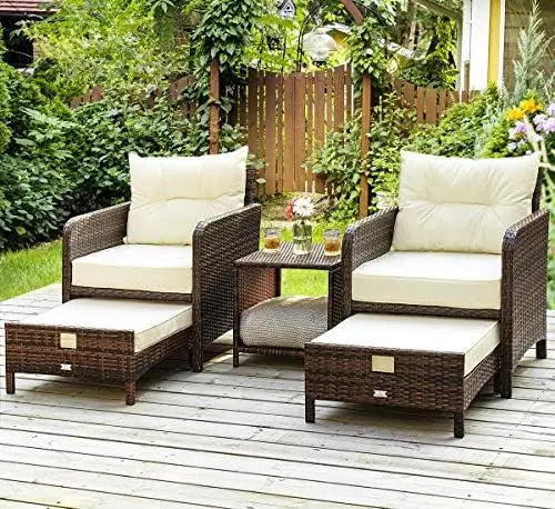 5 Pieces Patio Furniture Set, Rattan Balcony Furniture with Ottomans, PE Wicker Outdoor Patio Chairs Set with Coffee