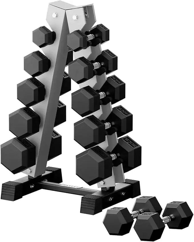 RitFit Rubber Hex Dumbbell Set With Rack 250-650 Lb