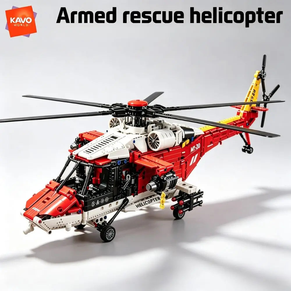 KAVOWORLD 1528pcs Large SAR Rescue Helicopter Building Blocks Red Armed Military Aircraft Model Kit Search and Rescue Chopper Construction Toy Manual Rotating Rotor Winch Hook, Emergency Air Ambulance Bricks for Adult Home Di