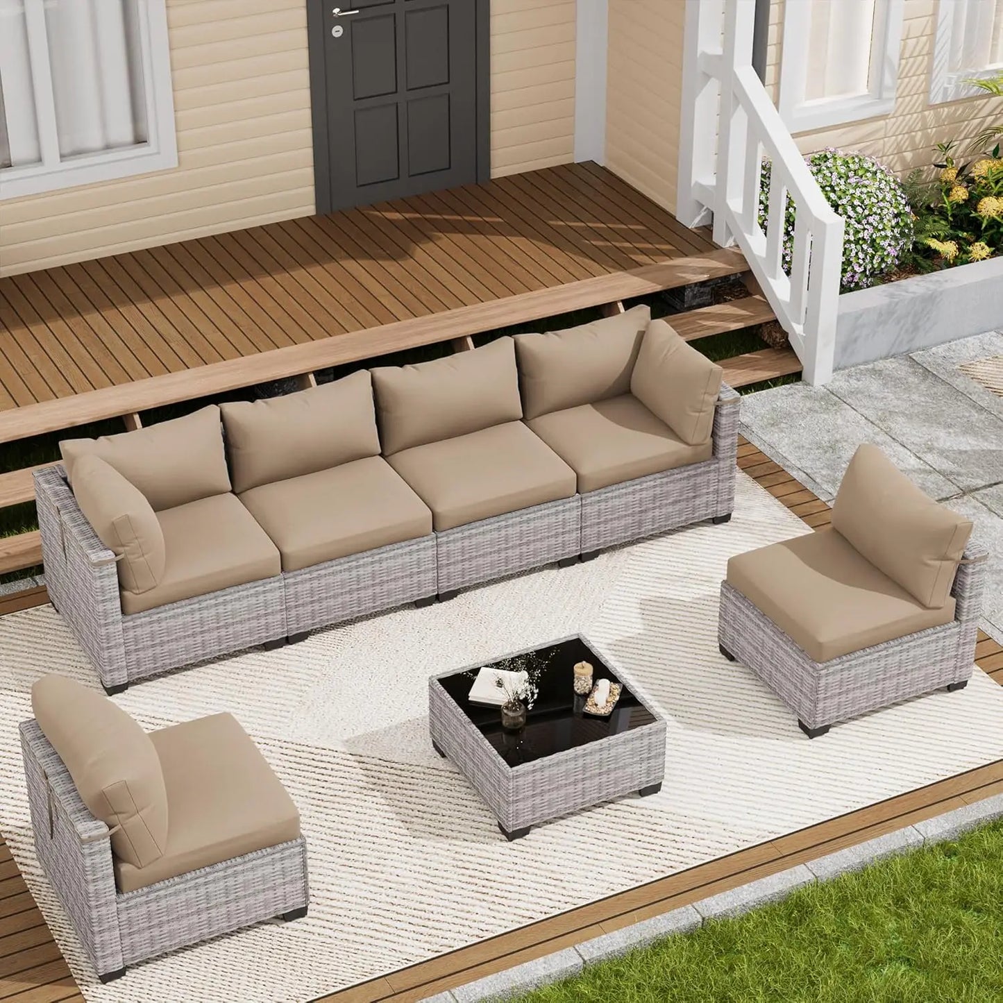 7 Piece Outdoor Patio Furniture Set, Outdoor Sectional Sofa, Wicker Rattan Patio Furniture, Patio Conversation Set with, Custom