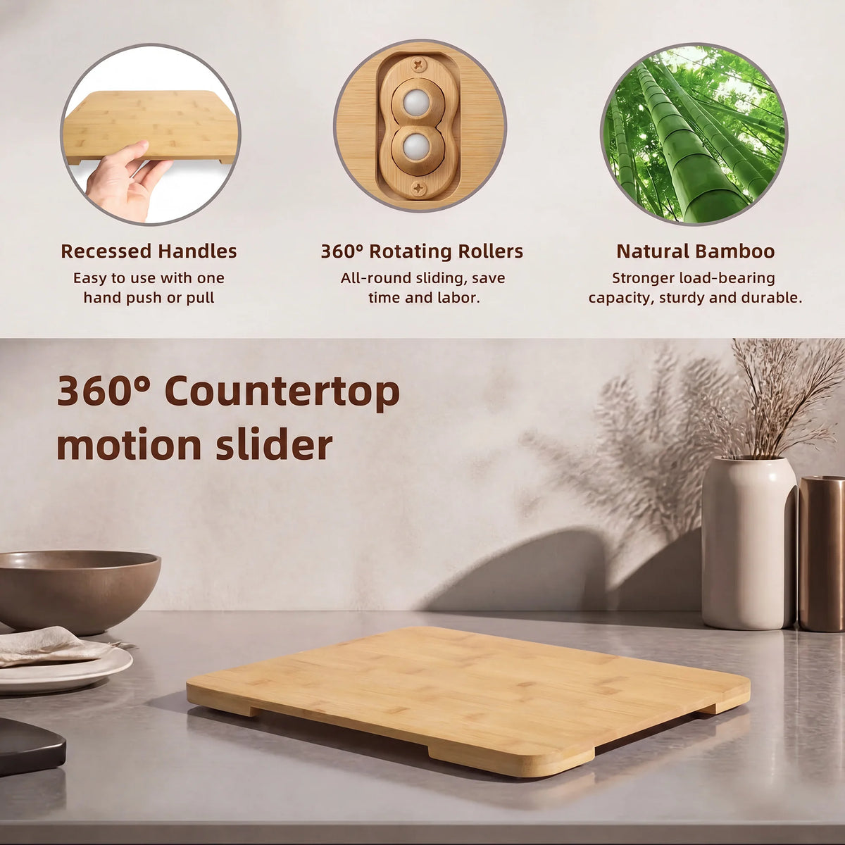Bamboo Appliance Sliding Tray 360° Rotating Countertop Motion Slider for Coffee Maker Air Fryer Stand Mixer