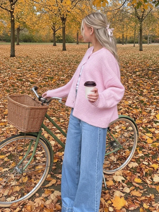 Pink Knit Cardigan Sweater For Women Autumn Winter Casual Loose Fit Crew Neck Button Front