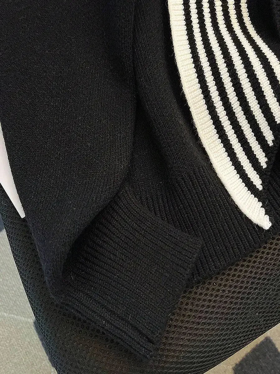 Womens Red Loose Knit Sweater With Striped Scarf Collar Casual Long Sleeve Crew Neck Autumn Winter
