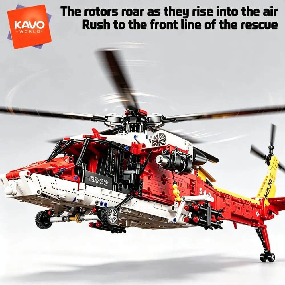 KAVOWORLD 1528pcs Large SAR Rescue Helicopter Building Blocks Red Armed Military Aircraft Model Kit Search and Rescue Chopper Construction Toy Manual Rotating Rotor Winch Hook, Emergency Air Ambulance Bricks for Adult Home Di