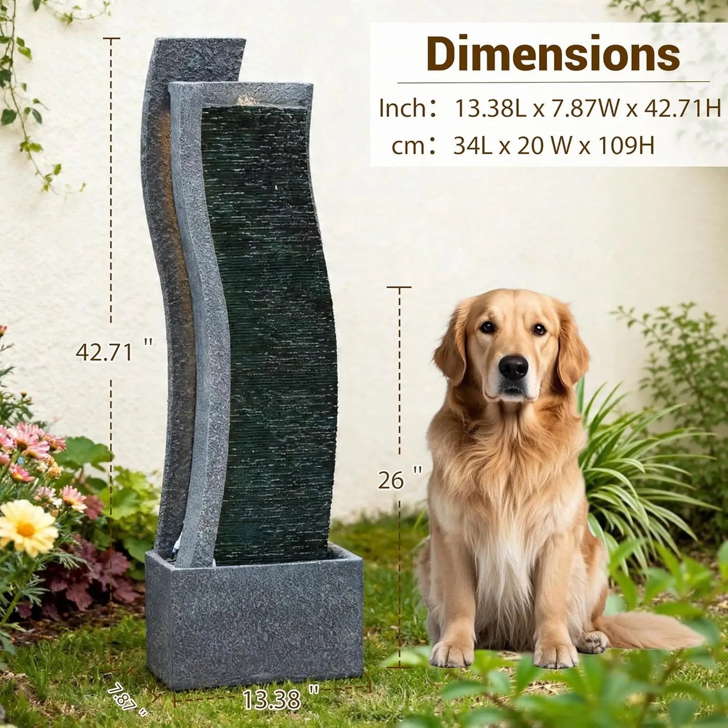 43H Modern Outdoor Water Fountain with LED Light Garden Cascading Curved Waterfall Feature for Indoor or Outdoor, Customized