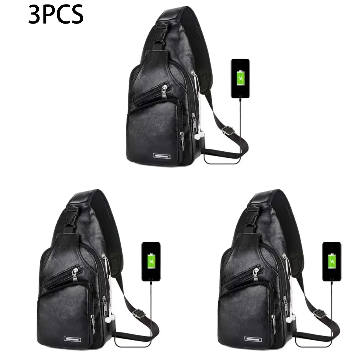 Mens Multifunctional USB Charging Crossbody Chest Bag in Microfiber Leather