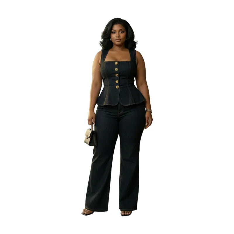 Women's Plus Size Square Neck Sleeveless Peplum Top Matching Flare Long Pants For Office Daily Street Fashion Occasions