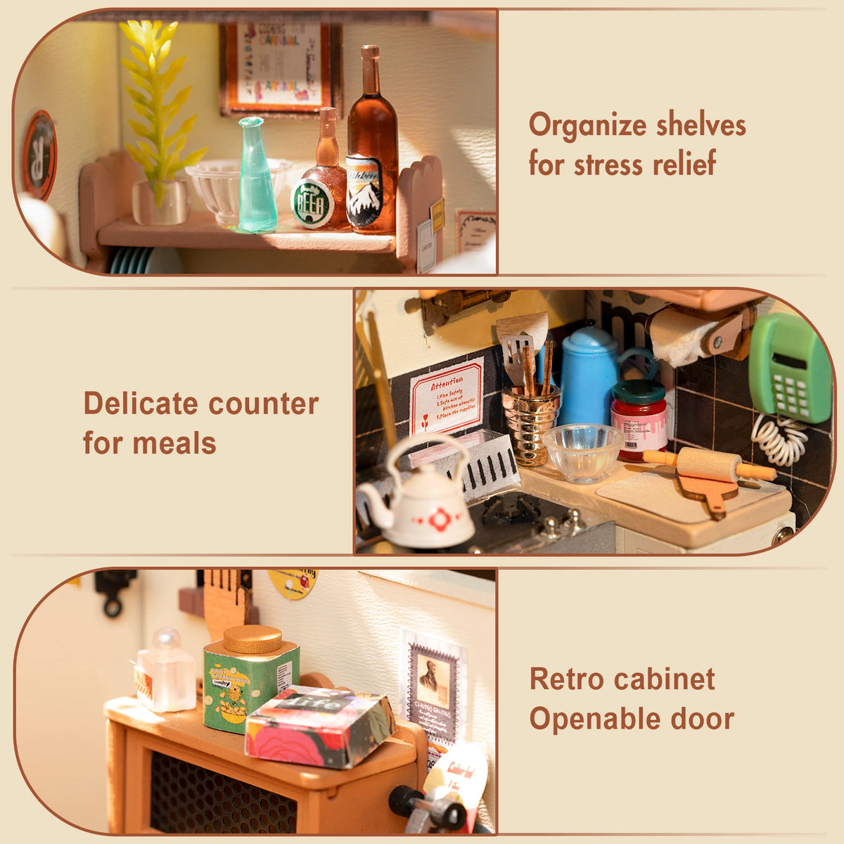 Rolife DIY Miniature House Kit Cozy Kitchen 3D Wooden Puzzle Dollhouse Building Model Kit for Home Decor Gift for Adults Friends