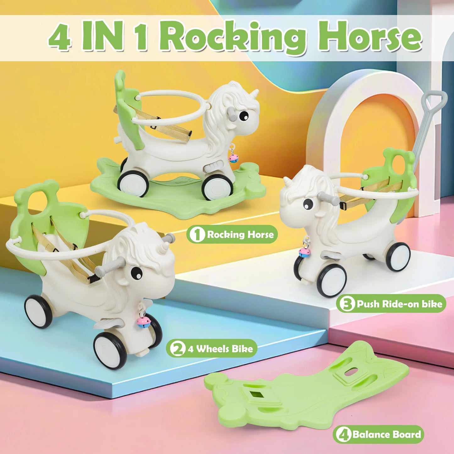 2 in 1 Convertible Unicorn Rocking Horse for Toddlers, Kids Ride On Toy with Anti-Fall Guardrail and Safety Belt, Baby Birthday Gift for 12-36 Months