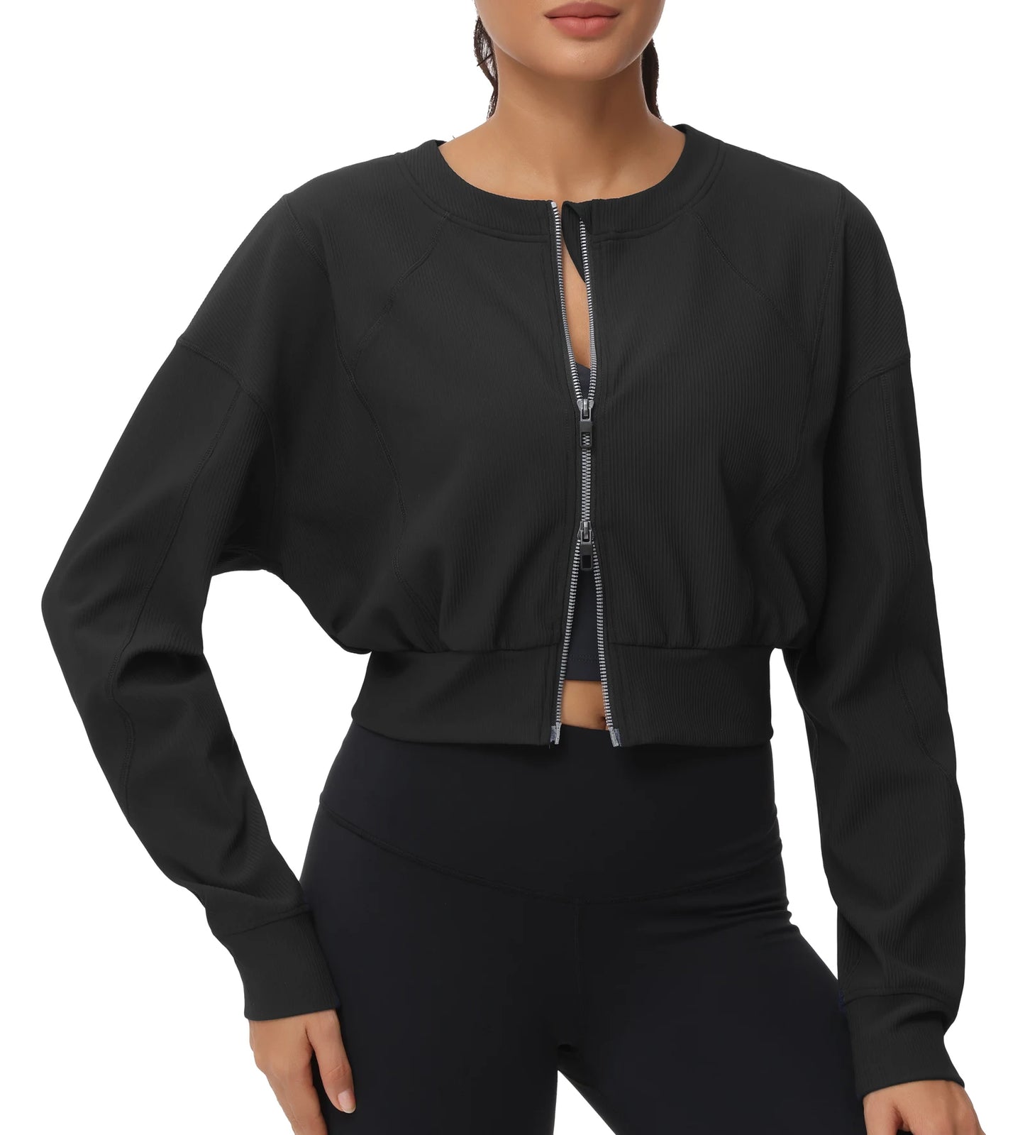 THE GYM PEOPLE Women's Cropped Jackets Full Zip Long Sleeve Ribbed Workout Sweatshirts Lightweight Casual Tops