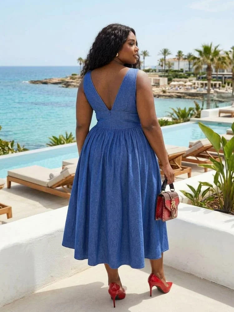Plus Size Deep V Neck Sleeveless Corset Waist Midi Dress For Women Daily Holiday Street Going Out A Line Swing Dress
