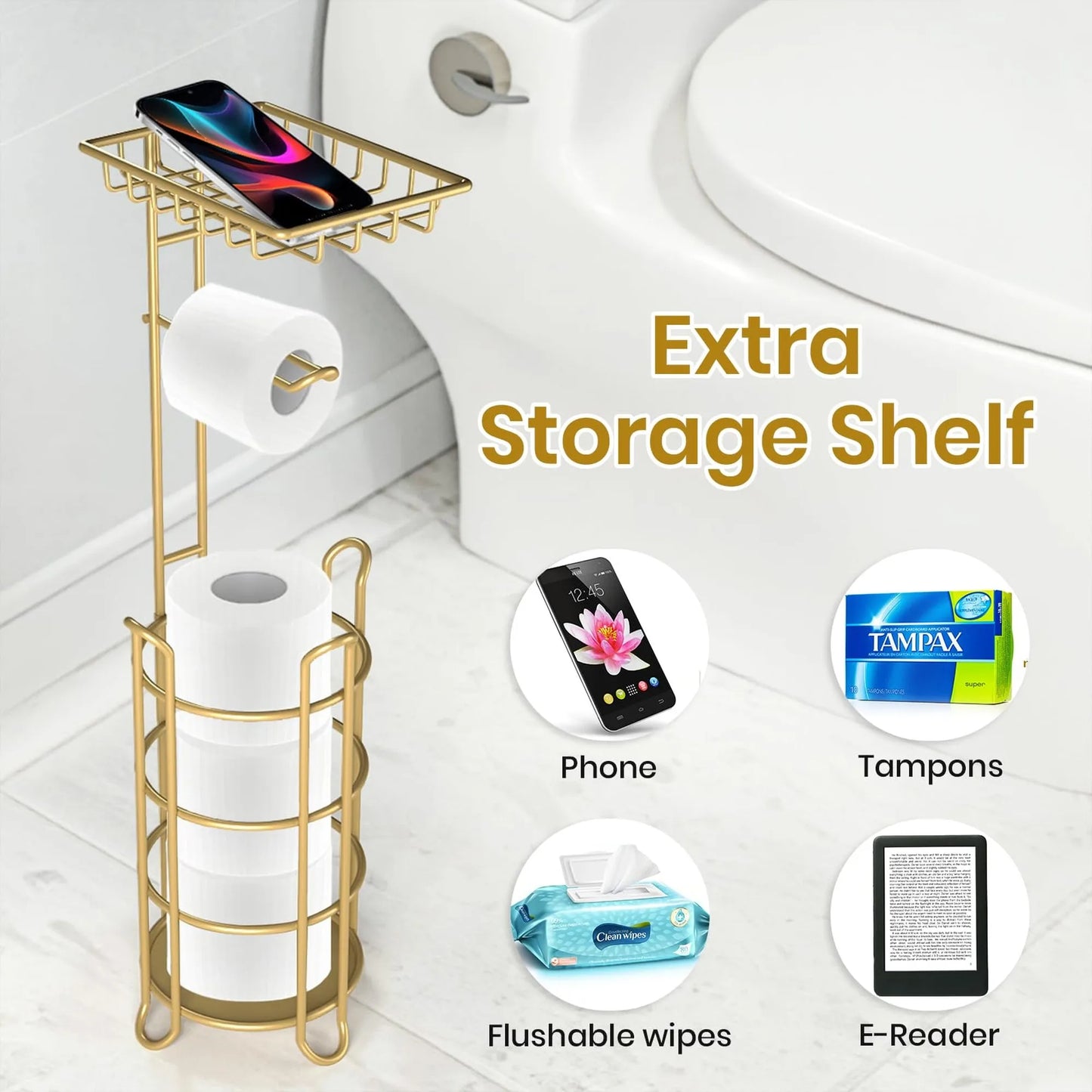 Freestanding Bathroom Toilet Paper Holder Stand With Storage Shelf