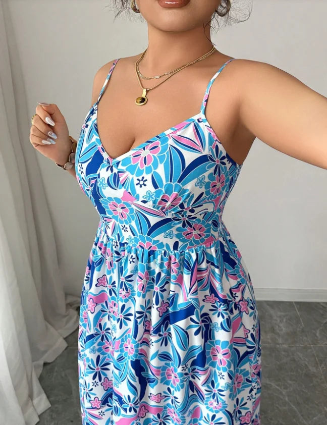 Women Elegant Floral Polyester Camisole Casual Dress