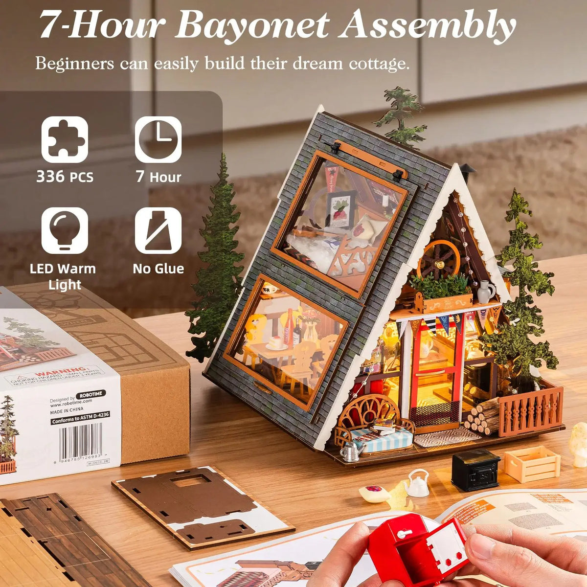 Rolife DIY Miniature House Kit A-Frame Cabin 3D Puzzle Dollhouse Building Model Kit with LED Home Decor Gifts for Adults Friends