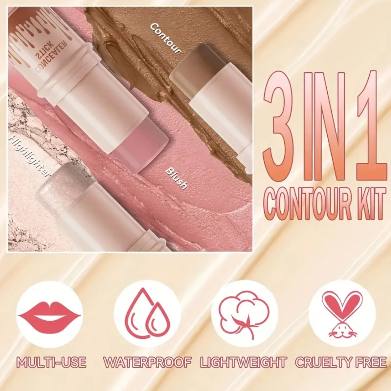 3-piece contour stick set, including blush stick, highlighter stick, bronzer stick, and eyeliner, refreshing and non-greasy, wat