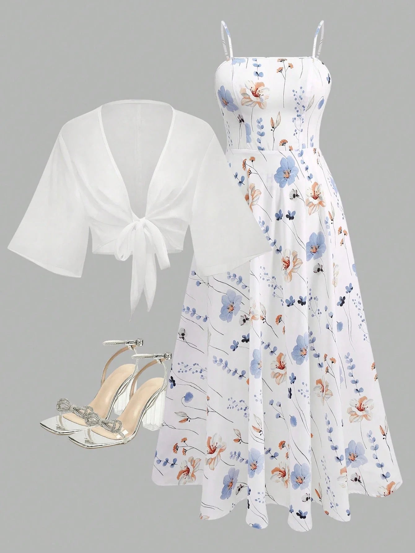 2 Pieces Women's Floral Chiffon Dress Elegant Romantic Date Outfit Spring Summer
