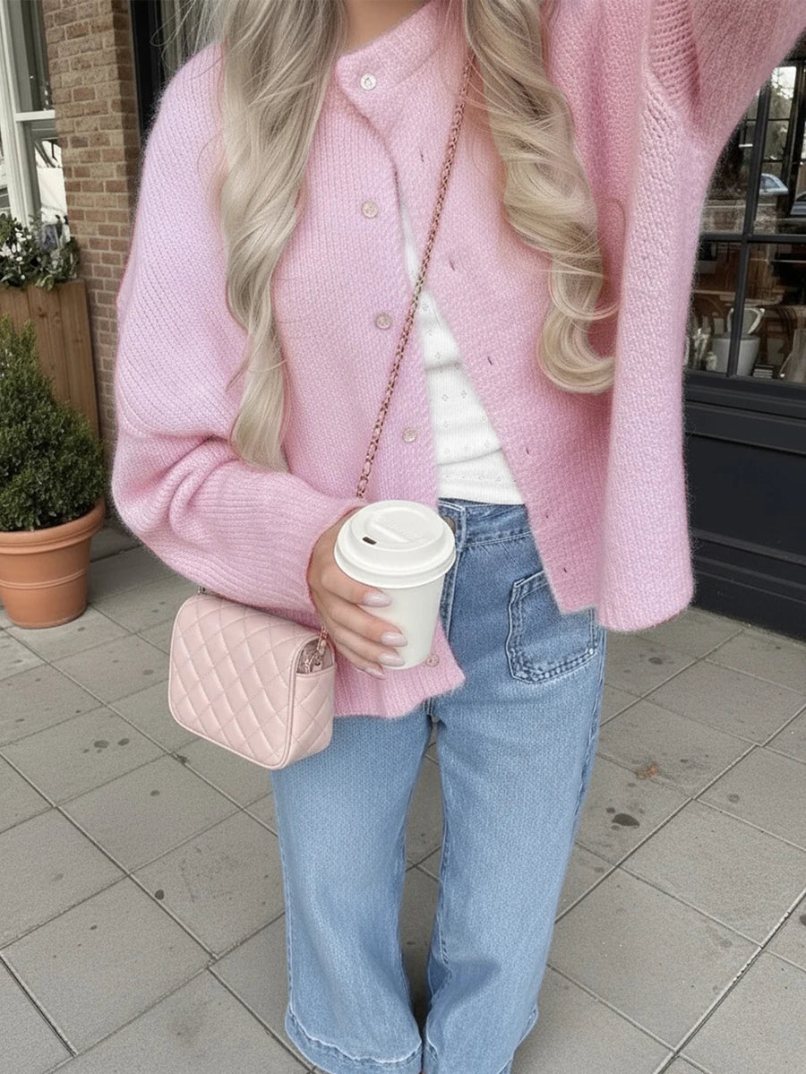Pink Knit Cardigan Sweater For Women Autumn Winter Casual Loose Fit Crew Neck Button Front