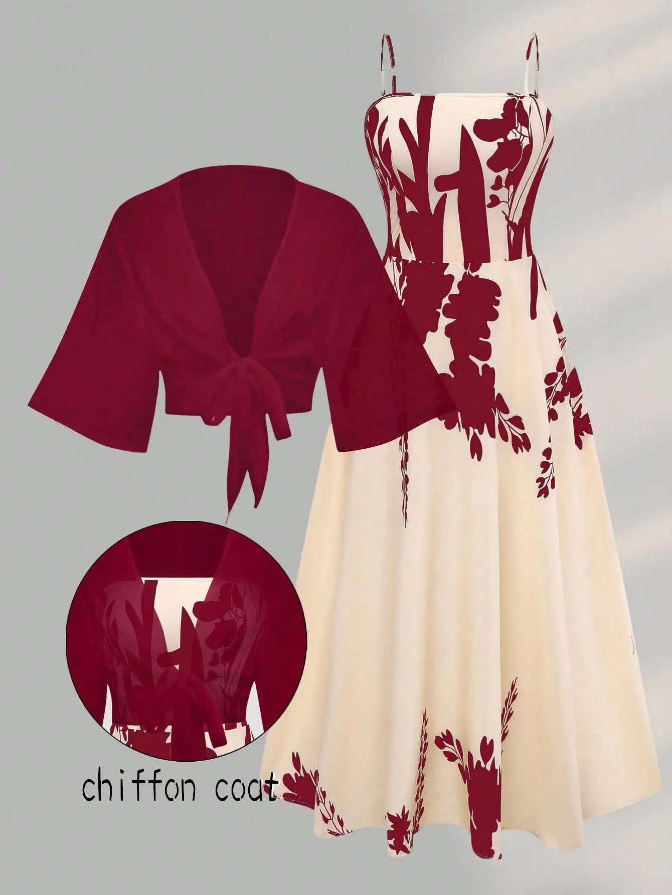 2 Pieces Women's Floral Chiffon Dress Elegant Romantic Date Outfit Spring Summer