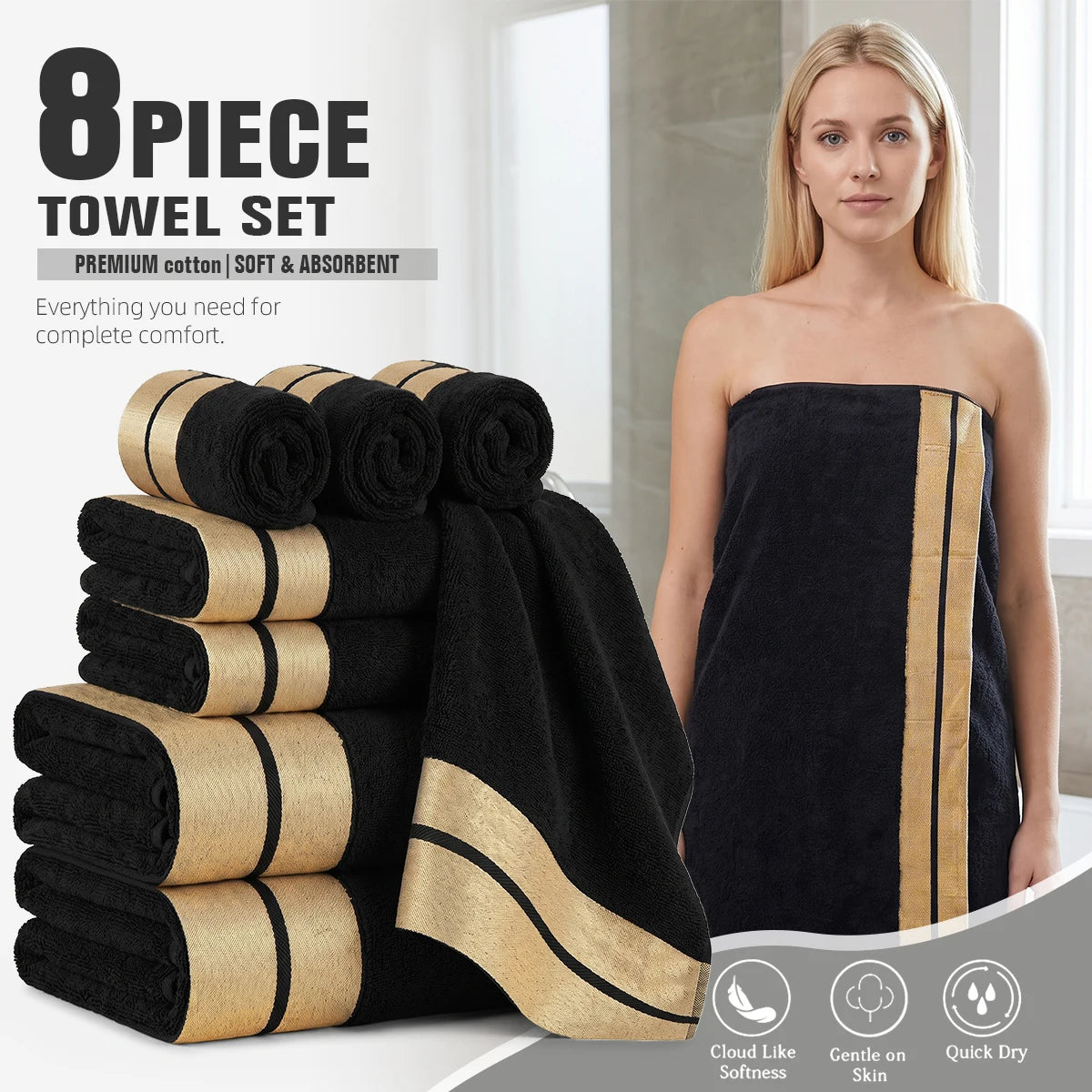 8-Piece Luxury Pure Cotton Bath Towel Set, 2 Bath Towels + 2 Face Towels + 4 Washcloths, Soft and Comfortable, Highly Absorbent, 100% Cotton Towels, Bathroom Decoration Accessories, Everyday Use Towels