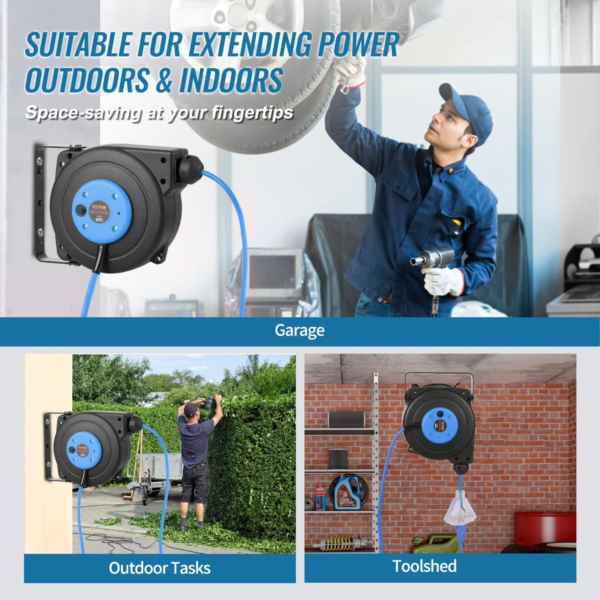 SucceBuy Automatic Retractable Extension Cord Reel With Triple Tap Outlet