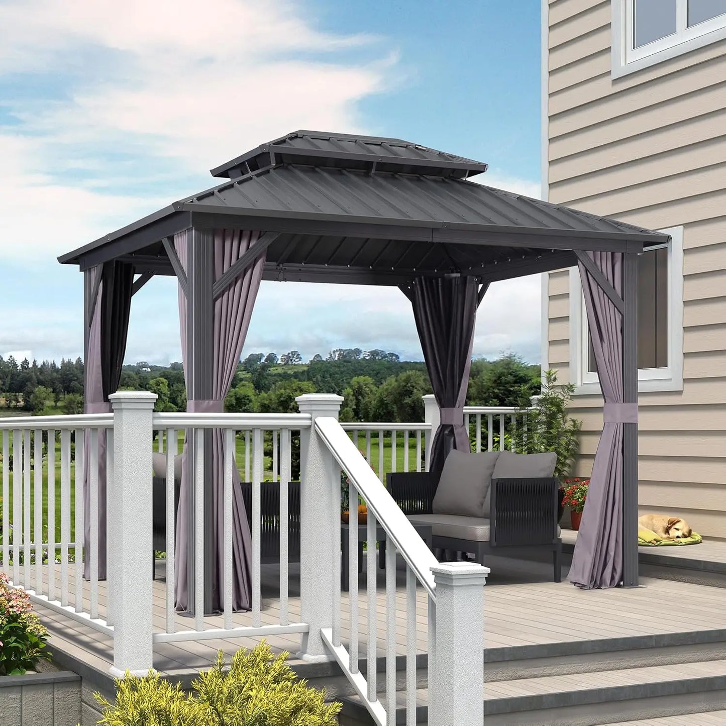 8x10 Permanent Hardtop Gazebo Galvanized Steel Double Roof Aluminum Frame Netting & Curtains Patio Lawn Garden, Custom