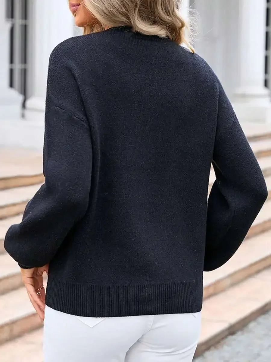 Women Knitted Sweater With Bow Print Long Sleeve Round Neck Loose Pullover Fall Winter Streetwear Casual Top