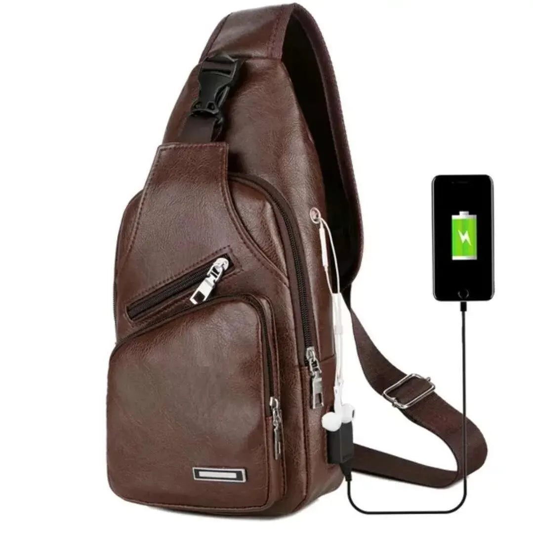 Mens Multifunctional USB Charging Crossbody Chest Bag in Microfiber Leather