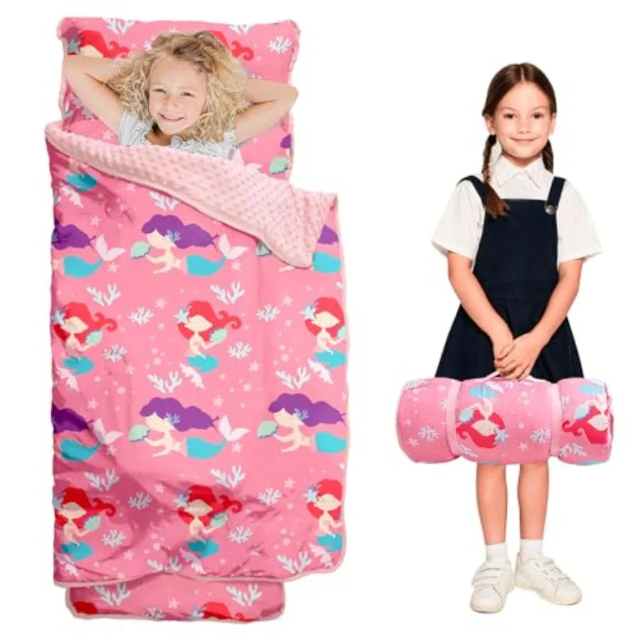 Toddler Nap Mat with Pillow and Minky Blanket Large 55"x38" Sleeping Bag Washable Lightweight Easy to Roll Perfect for Preschoo