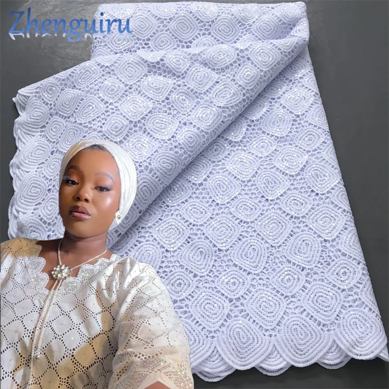 Pure White Nigerian Guipure Lace Fabric Water Soluble African Sequin Cord