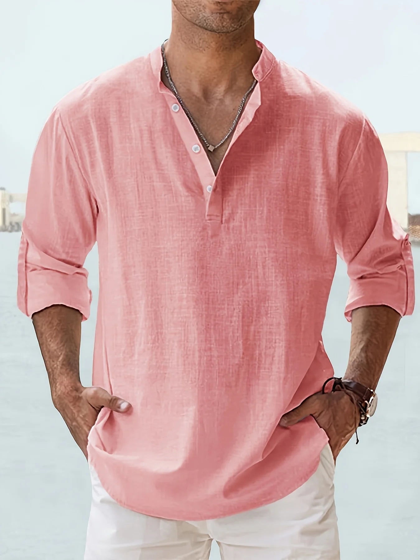 Men's Linen Cotton Long Sleeve Stand Collar Casual Shirt