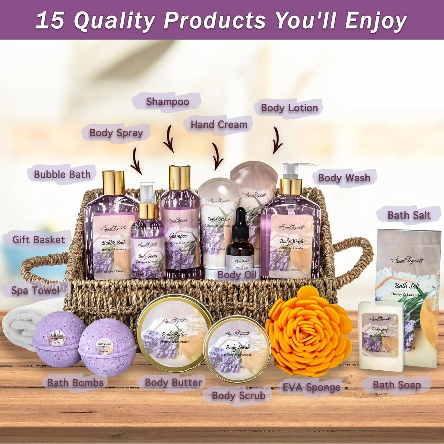 Luxury Bath Spa Gift Set with Honey Lavender - Wash, Bubble Bath, Lotion, Salts, Scrub, Spray, Puff, Bombs, Soap & Towel