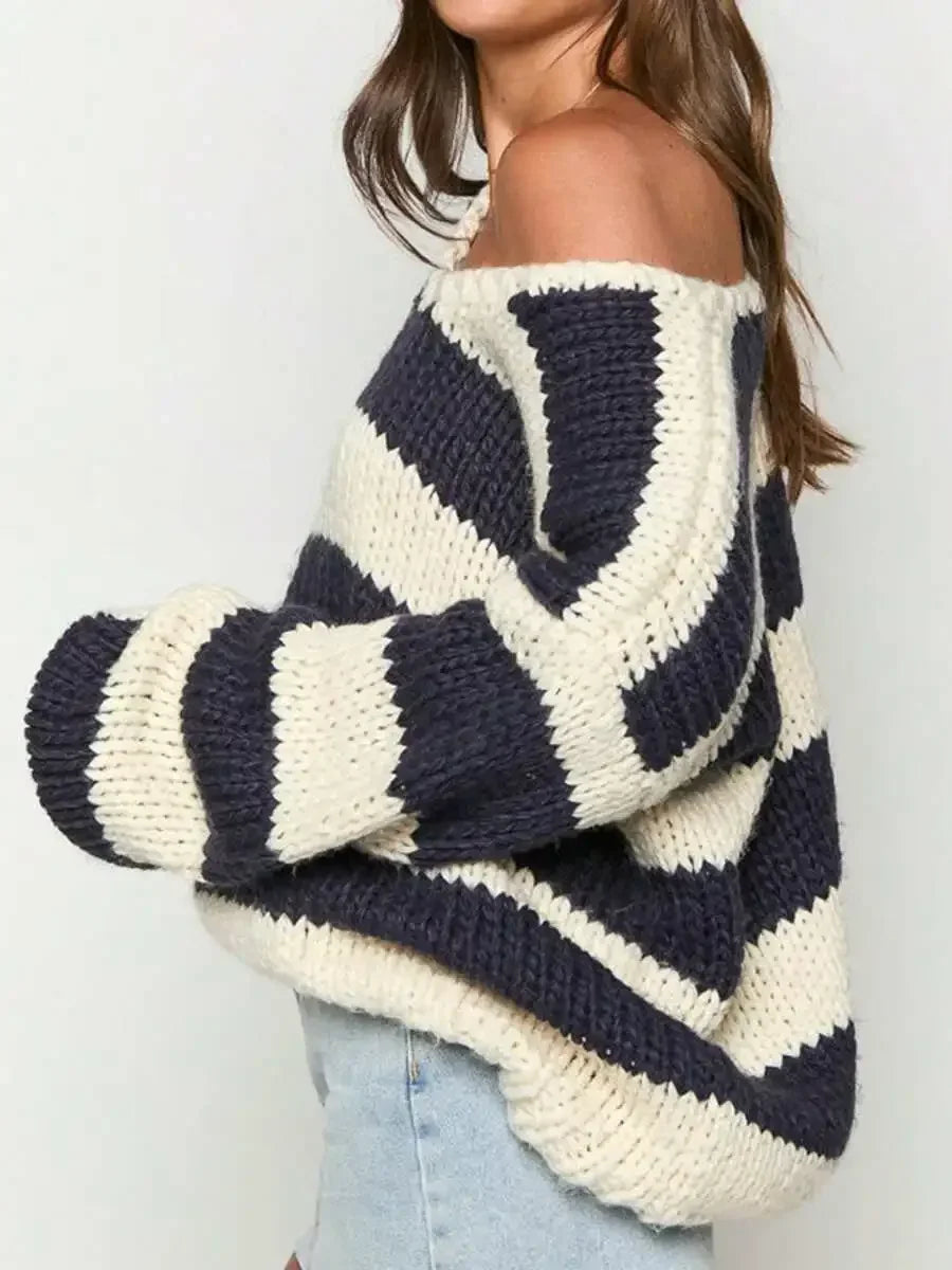 Womens Striped Knit Sweater Drop Shoulder Long Sleeve Loose Fit O-Neck Top