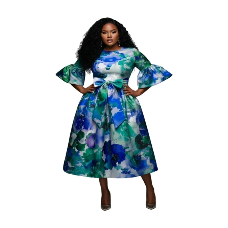 Plus Size Round Neck Flare Sleeve Bow Waist Midi Dress For Women Formal Party Banquet Wedding Guest A Line Swing Dress