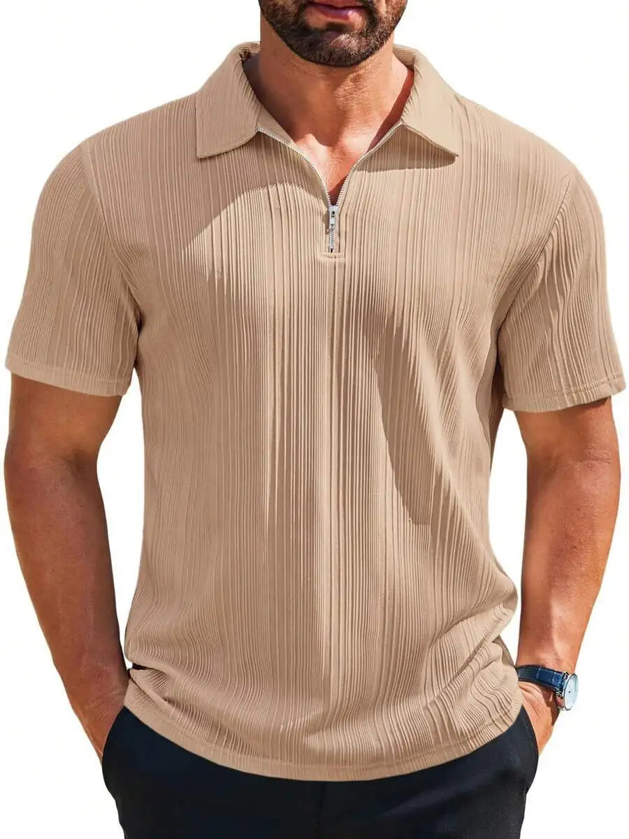 Mens Quarter Zip Shirt Knit Textured Short Sleeve Casual Lightweight Golf Top