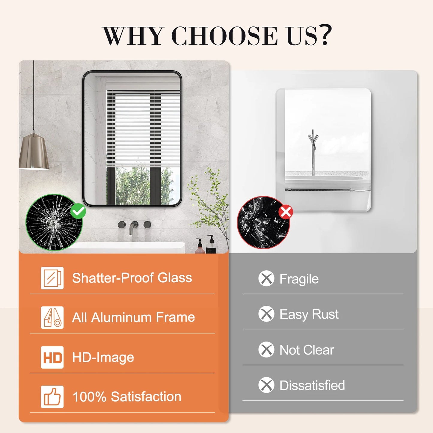 JHK Matte Metal Framed Bathroom Mirror For Wall Vanity Rectangle