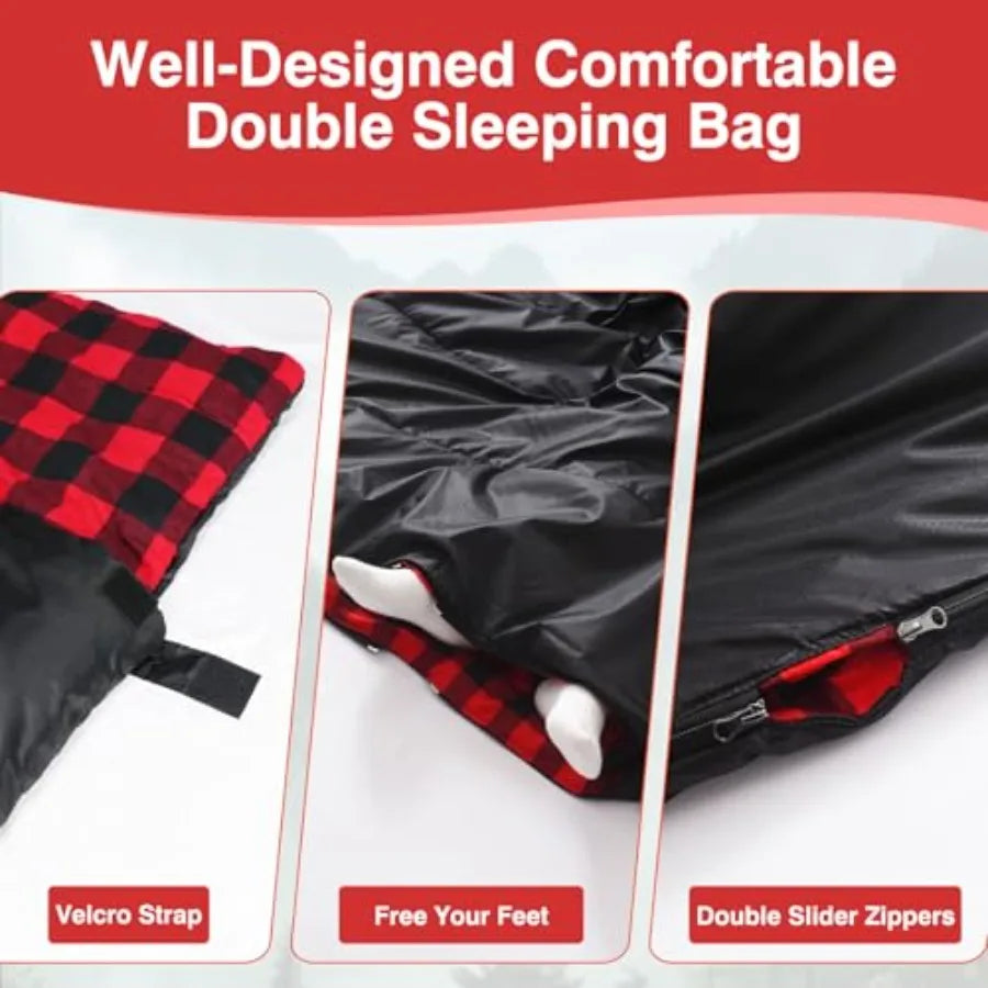 Double Sleeping Bag Sleeping Bag with 2 Pillows Queen Size XL Bag for 2 People Cold Warm Weather- 3 Seasons Waterproof Adults f
