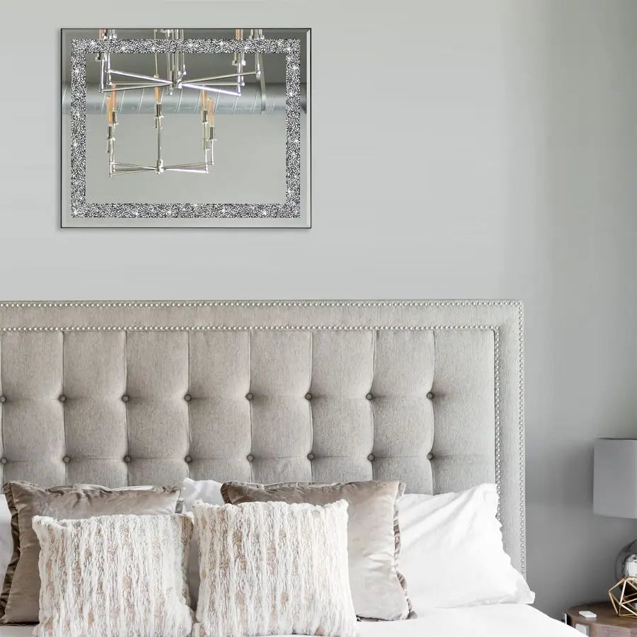 Rectangular Wall Mirror With Crystal Diamond Accents For Bathroom