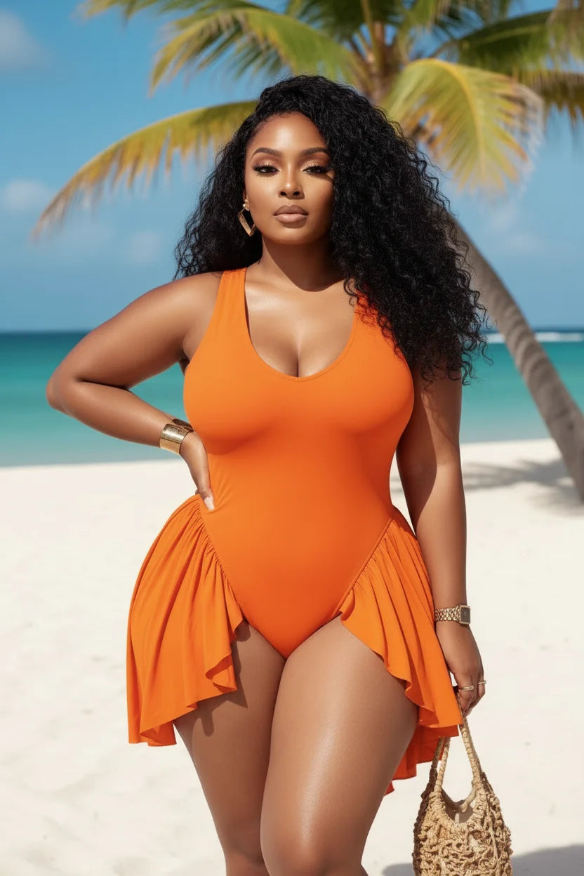 Women Plus Size V Neck Ruffle Skirt One Piece Swimsuit Elegant Ruched Beach Swimwear For Summer Vacation Pool Party