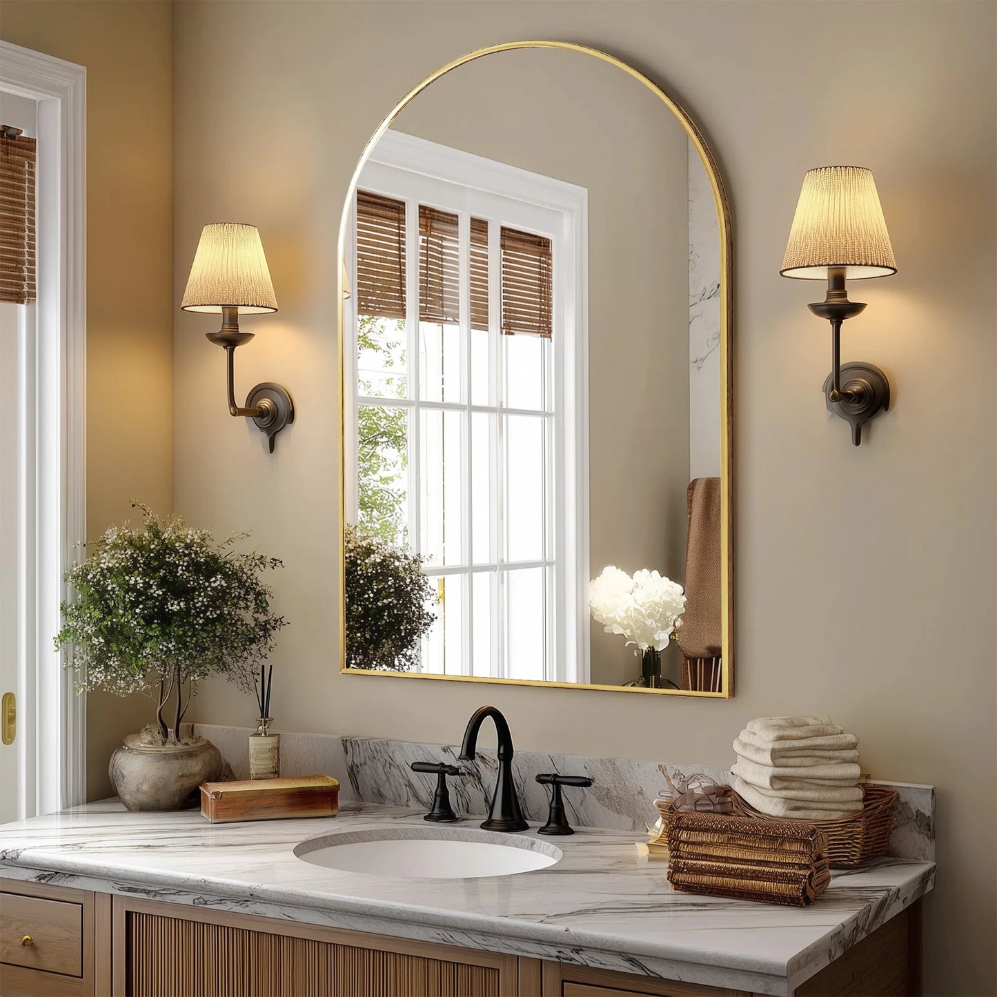 JHK Arched Metal Framed Bathroom Mirror Wall Decor