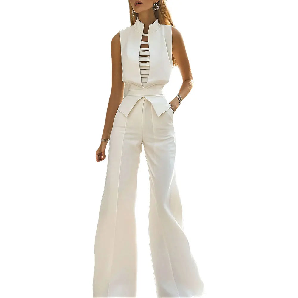 White Sleeveless Jumpsuit With Stand Collar Cutout Belt Wide Leg