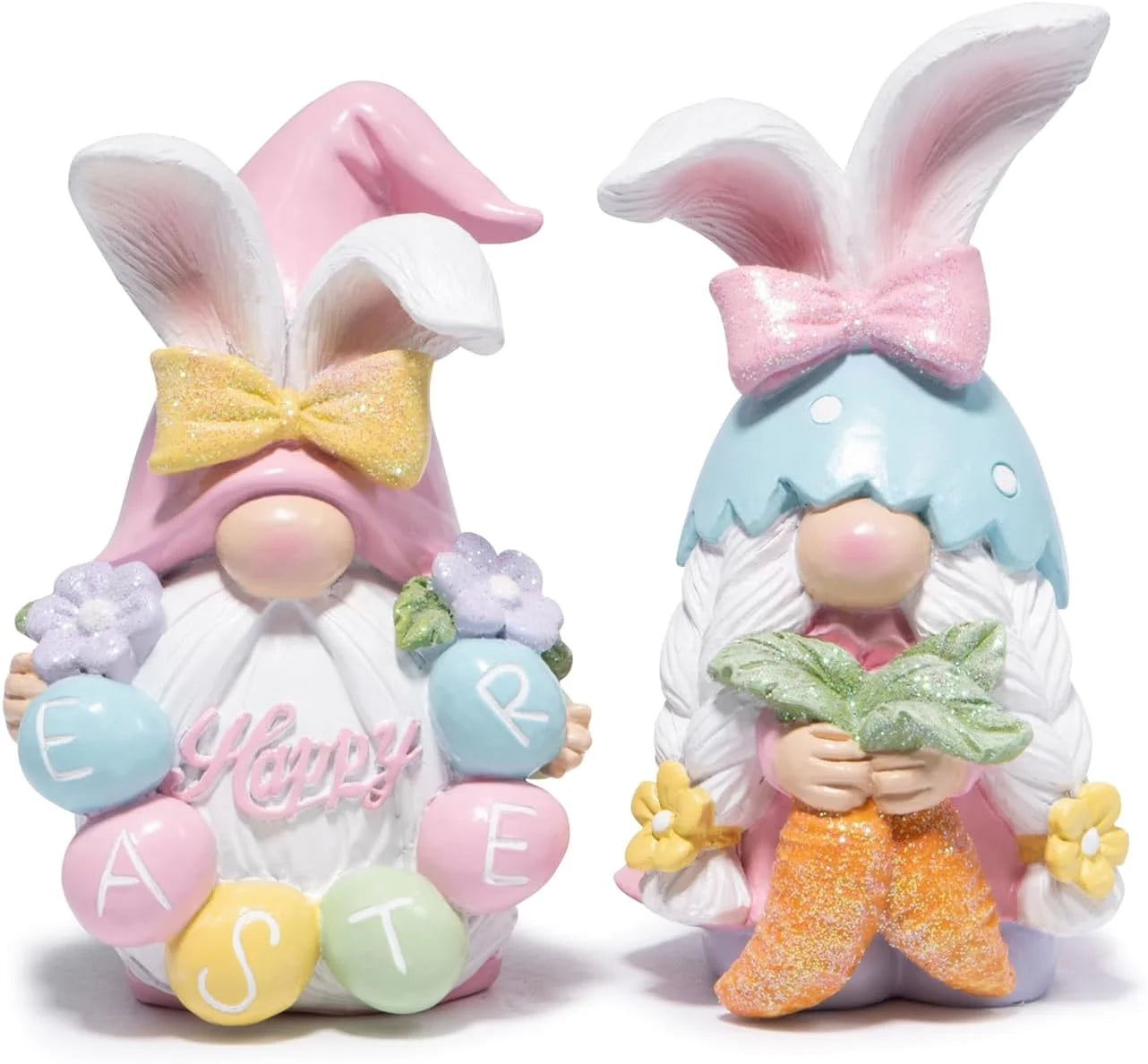 Hodao 5in Easter Gnome Figure Set, Premium Resin Bunny Gnomes with Glitter Bows, Pastel Eggs, Flowers and Sparkle Carrot, Cute Collectible Spring Decor for Tabletop Shelf Mantel Living Room Tiered Tray, Easter Party Home Deco
