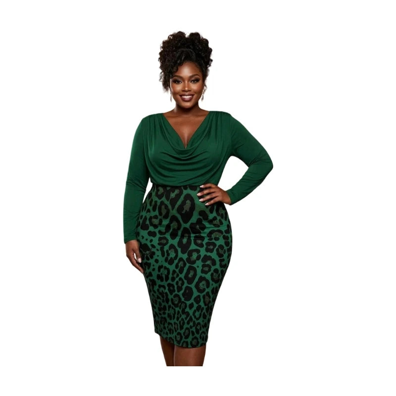 Women Long Sleeve Cowl Neck Leopard Print Midi Dress Elegant Bodycon Pencil Dress For Evening Party Formal Occasion Slim Fit