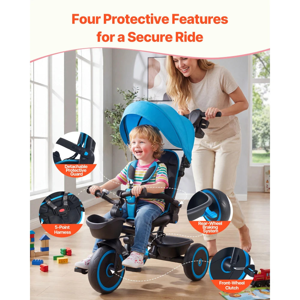 Toddler Tricycle & Stroller for 1-5 Year Old, 6-in-1 Kids Trike with Parent Push Handle, Canopy, Adjustable Seat and Storage, Tricycle for Toddlers, Birthday Toy for Boys and Girls, Blue/Black