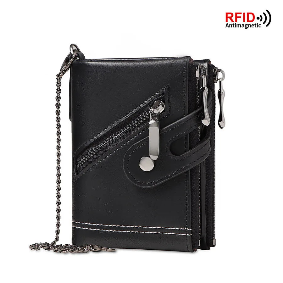 Men's Chain Wallet RFID Anti-Theft Men's Retro Leather Wallet Double Zipper Coin Purse Credit Card Holder for Men and Women