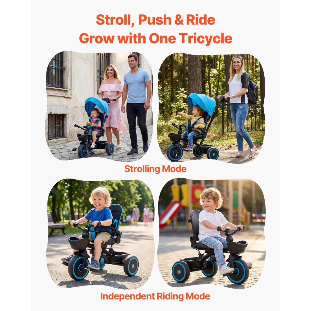 Toddler Tricycle & Stroller for 1-5 Year Old, 6-in-1 Kids Trike with Parent Push Handle, Canopy, Adjustable Seat and Storage, Tricycle for Toddlers, Birthday Toy for Boys and Girls, Blue/Black