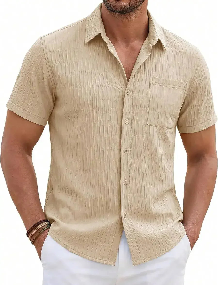 Mens Short Sleeve Button Down Shirt Textured Casual Summer Beach Top With Chest Pocket