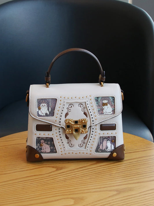 Niche Design Box Bag with Cat Pattern Rivet Texture